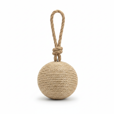 Natural sisal rope cat ball toy with knotted jute hanging loop and hidden bell, handwoven beige sphere