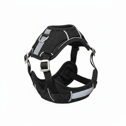Black breathable mesh dog harness with reflective strips and metal D-rings