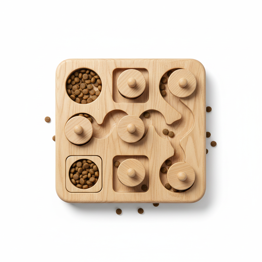 Natural beech wood pet puzzle feeder board with sliding disc covers, circular treat wells, and S-shaped maze channel filled with kibble