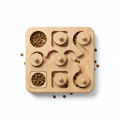 Natural beech wood pet puzzle feeder board with sliding disc covers, circular treat wells, and S-shaped maze channel filled with kibble
