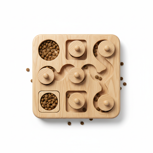 Natural beech wood pet puzzle feeder board with sliding disc covers, circular treat wells, and S-shaped maze channel filled with kibble