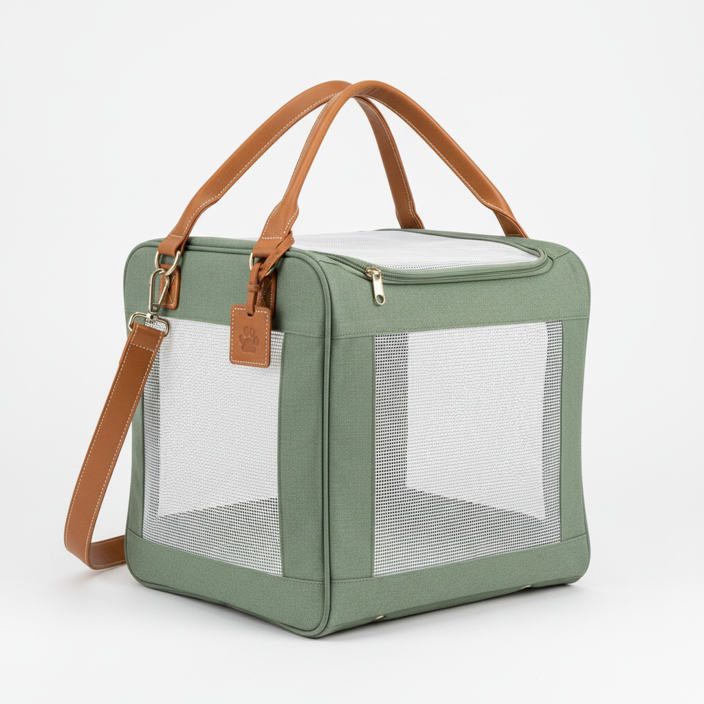Premium sage green pet carrier bag with breathable mesh panels and tan leather handles