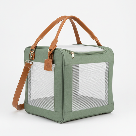 Premium sage green pet carrier bag with breathable mesh panels and tan leather handles