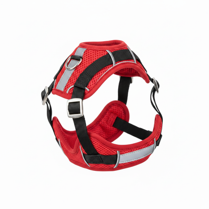 Red breathable mesh dog harness with reflective strips and metal D-rings