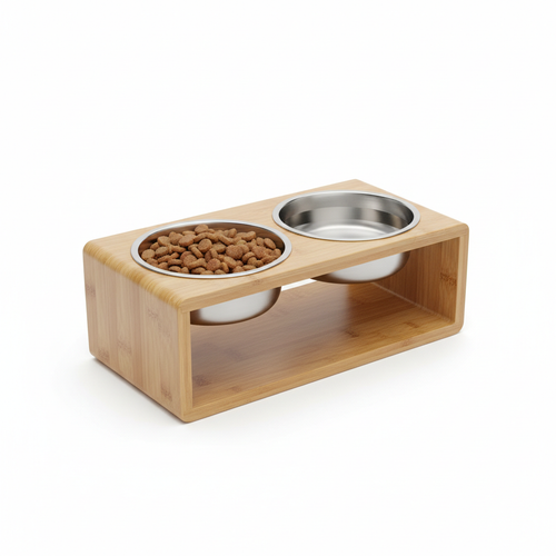 Elevated bamboo double bowl pet feeder with two stainless steel bowls, one filled with dry kibble