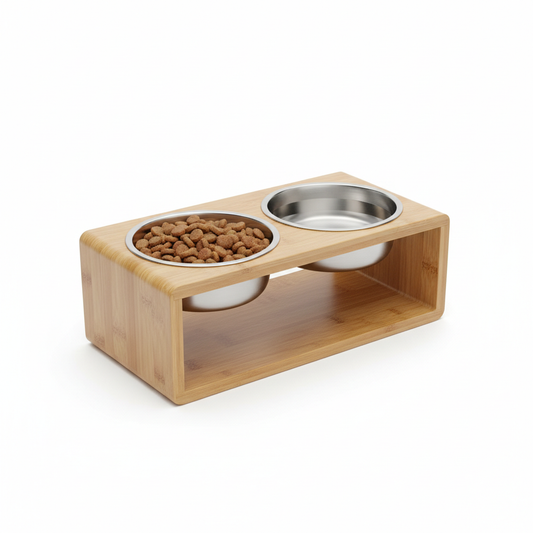 Elevated bamboo double bowl pet feeder with two stainless steel bowls, one filled with dry kibble