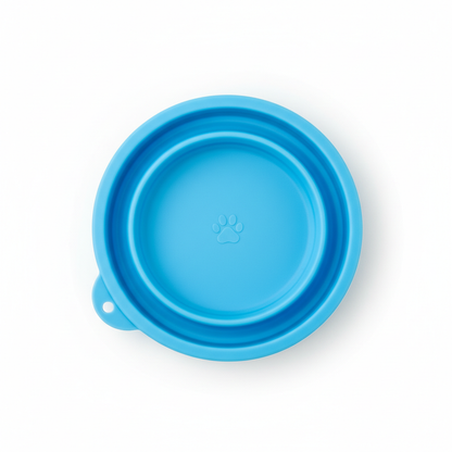 Sky blue collapsible silicone travel pet bowl with paw print emboss and carabiner loop, top view