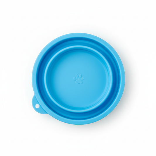 Sky blue collapsible silicone travel pet bowl with paw print emboss and carabiner loop, top view