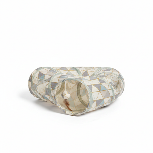 Collapsible T-shape cat tunnel toy with geometric silver and cream triangle pattern and feather ball inside