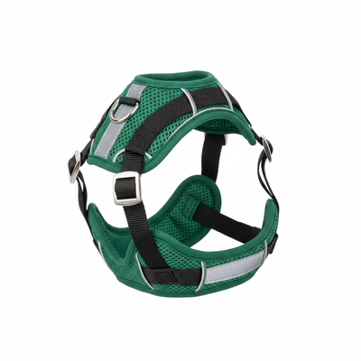 Forest green breathable mesh dog harness with reflective strips and metal D-rings